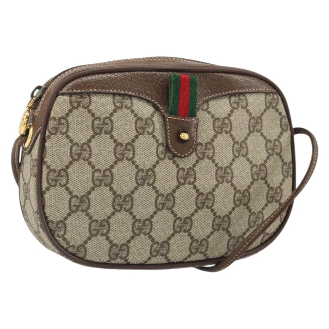 Beige Gold GG Supreme PVC Gucci Shoulder Bag 007 58 6112: Beige Gold GG Supreme PVC Gucci Shoulder Bag 007 58 6112 This Gucci GG Supreme Web Sherry Line shoulder bag features a beige and gold combination crafted from PVC leather and GG canvas. Made in Italy,