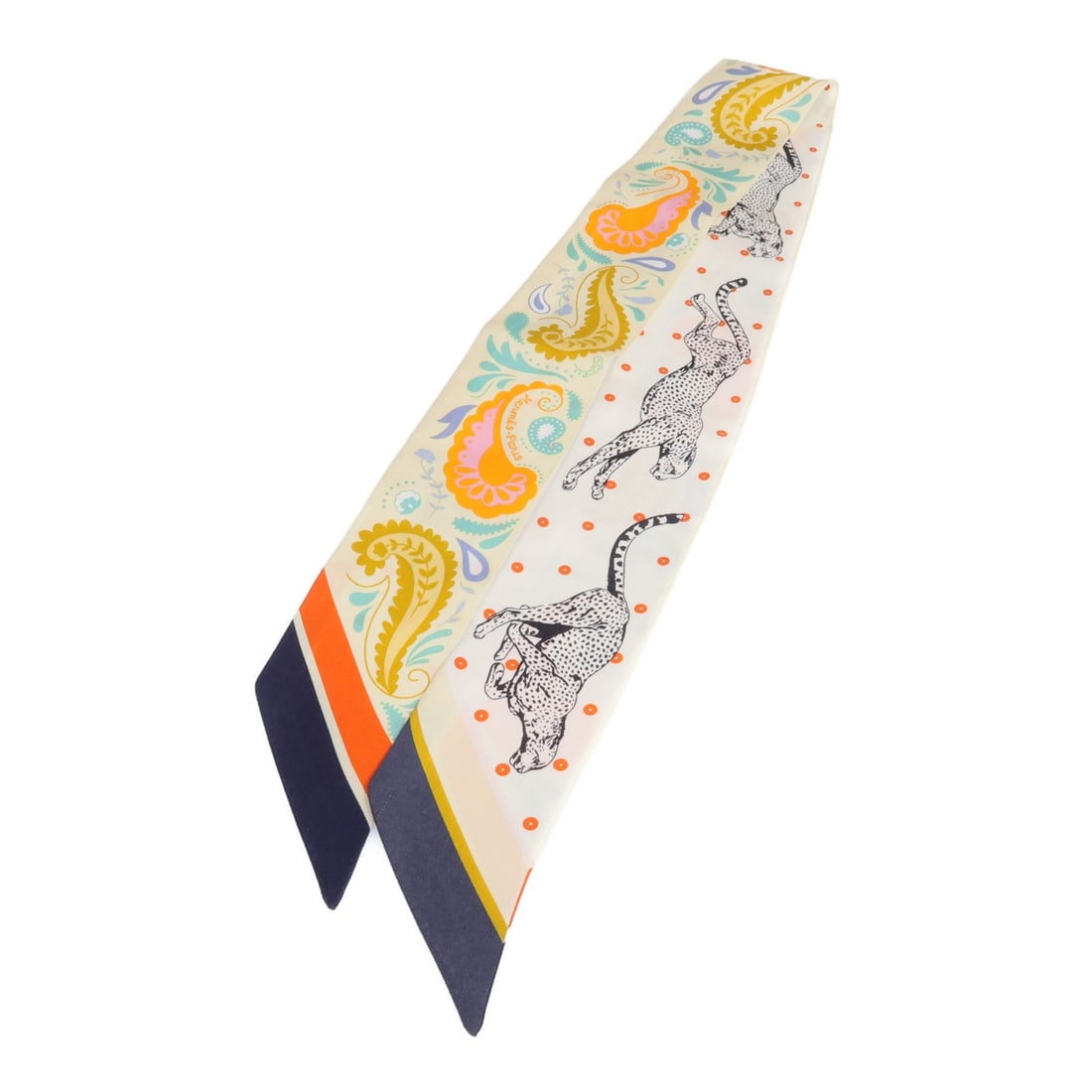 Silk Twilly Scarf by Hermes in Yellow and Multicolor: Silk Twilly Scarf by Hermes in Yellow and Multicolor Hermes Twilly scarf crafted from silk in a vibrant yellow and multicolor design. This regular size accessory is made in France and shows reasonable