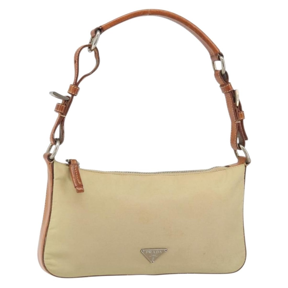 Beige Nylon and Leather PRADA Handbag with Silver Accents: Beige Nylon and Leather PRADA Handbag with Silver Accents This is a PRADA hand pouch crafted from beige nylon with silver-tone accents and leather details. Made in Italy, the pouch features a compact