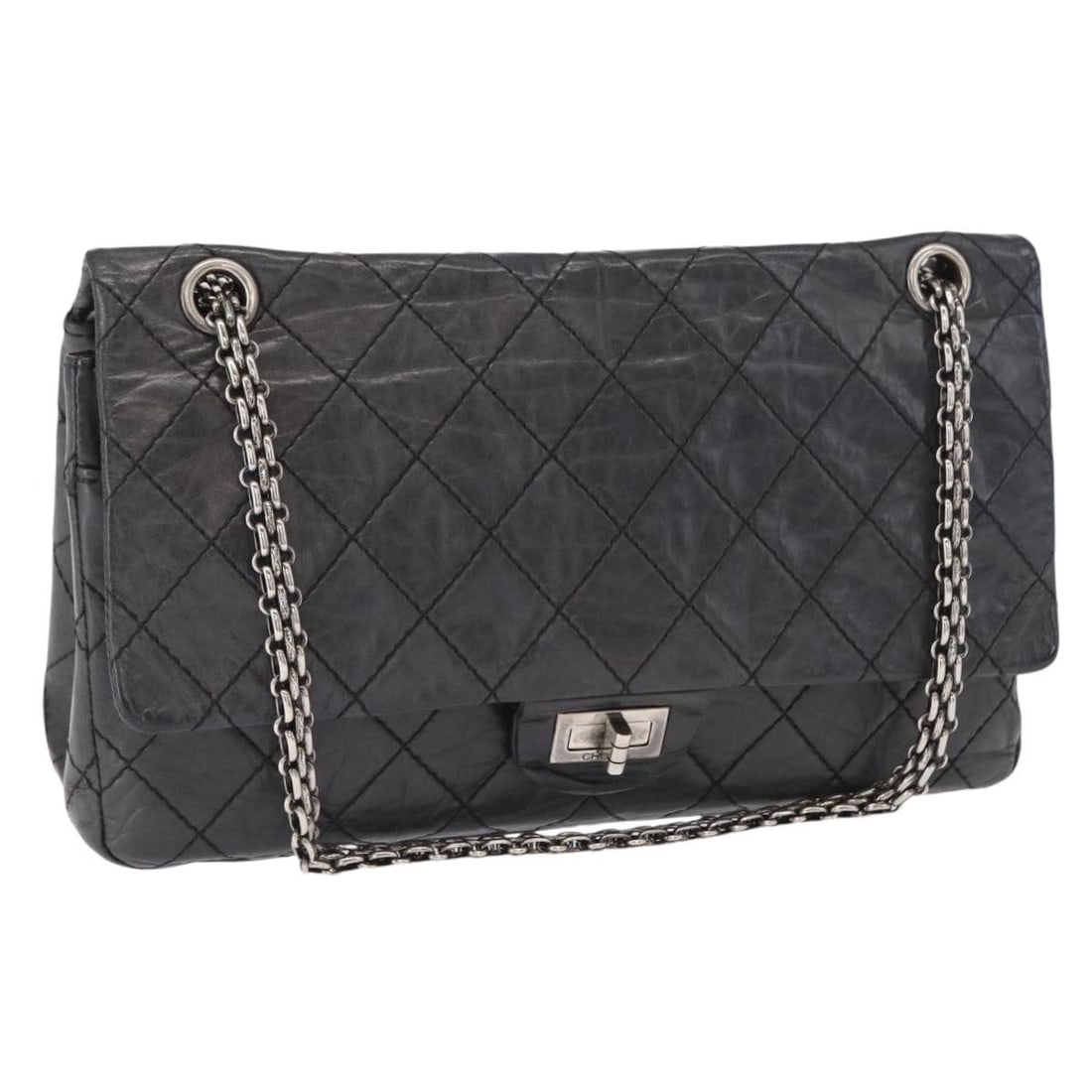 Chanel Black Leather Matelasse 2.55 Double Flap Shoulder Bag with Chain: Chanel Black Leather Matelasse 2.55 Double Flap Shoulder Bag with Chain This CHANEL Chain Double Flap Matelasse 2.55 shoulder bag features black leather with silver-tone accents. It is designed with t
