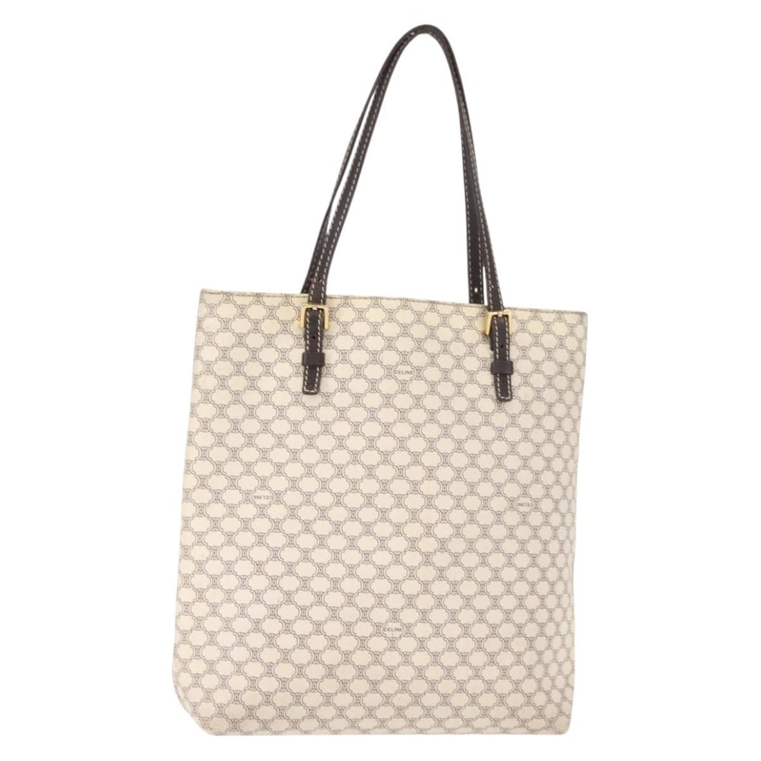 CELINE Macadam Canvas Tote Bag PVC Leather White Gold Authentic: CELINE Macadam Canvas Tote Bag PVC Leather White Gold Authentic This CELINE Macadam Canvas Tote Bag is a stylish blend of luxury and practicality. Crafted in Italy, it features a chic exterior made fr