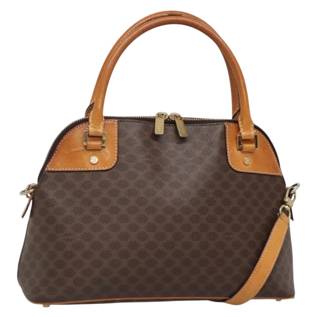 CELINE Brown Gold PVC Leather Macadam Hand Bag Auth 2way SI00/35: CELINE Brown Gold PVC Leather Macadam Hand Bag Auth 2way SI00/35 This authentic CELINE Macadam Canvas Hand Bag combines functionality with a sophisticated design. Made in Italy, it features a stylish