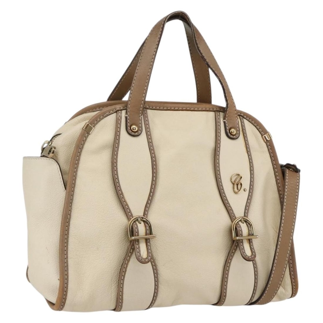 Chloe Beige Gold Leather Convertible Handbag with Shoulder Strap: Chloe Beige Gold Leather Convertible Handbag with Shoulder Strap This Chloe 2-way handbag features beige and gold leather with both handle and shoulder strap options. The bag is made in Romania and in