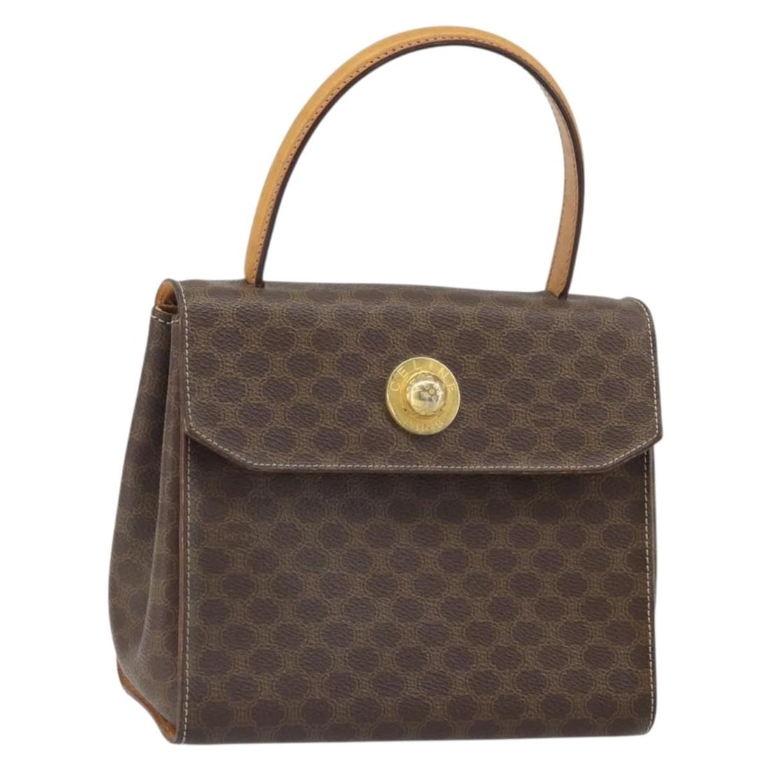 Celine Macadam Brown PVC Canvas Handbag with Gold Tone Accents: Celine Macadam Brown PVC Canvas Handbag with Gold Tone Accents This CELINE Macadam Canvas hand bag features a classic brown and gold color scheme with PVC leather and Macadam canvas materials. The bag