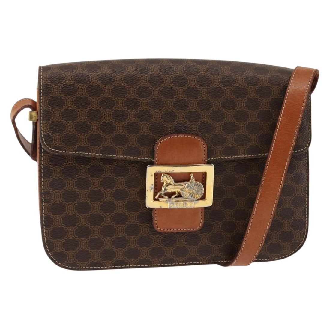CELINE Macadam Canvas Shoulder Bag Brown Gold PVC Auth Italy: CELINE Macadam Canvas Shoulder Bag Brown Gold PVC Auth Italy This authentic CELINE Macadam Canvas Horse Carriage Shoulder Bag is a stylish accessory crafted in Italy. Made from durable PVC leather and