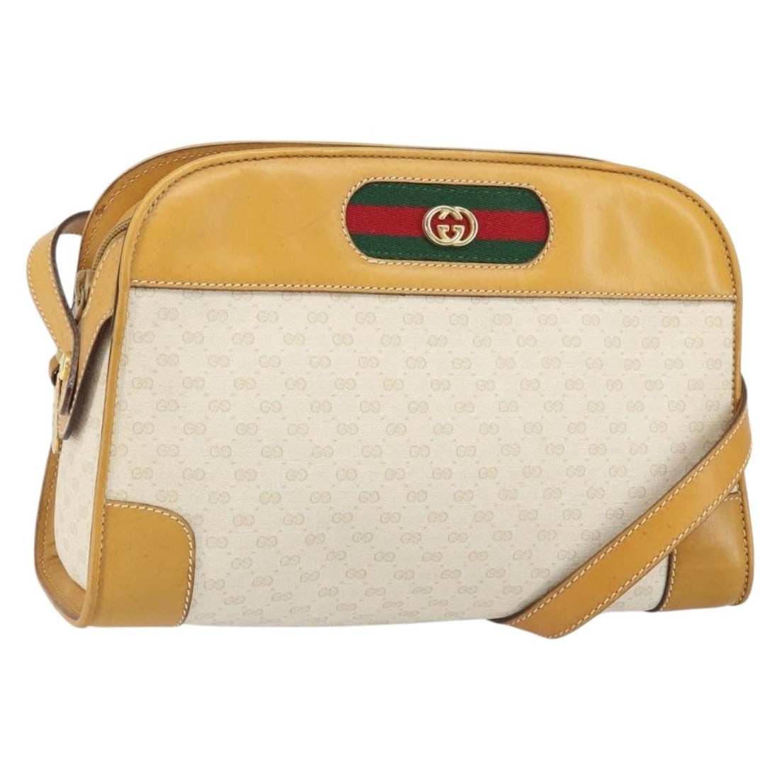 Micro GG Supreme Cream and Gold PVC Leather Shoulder Bag by Gucci: Micro GG Supreme Cream and Gold PVC Leather Shoulder Bag by Gucci This GUCCI Micro GG Supreme shoulder bag features a cream and gold color scheme and is crafted from PVC leather with micro small GG ca