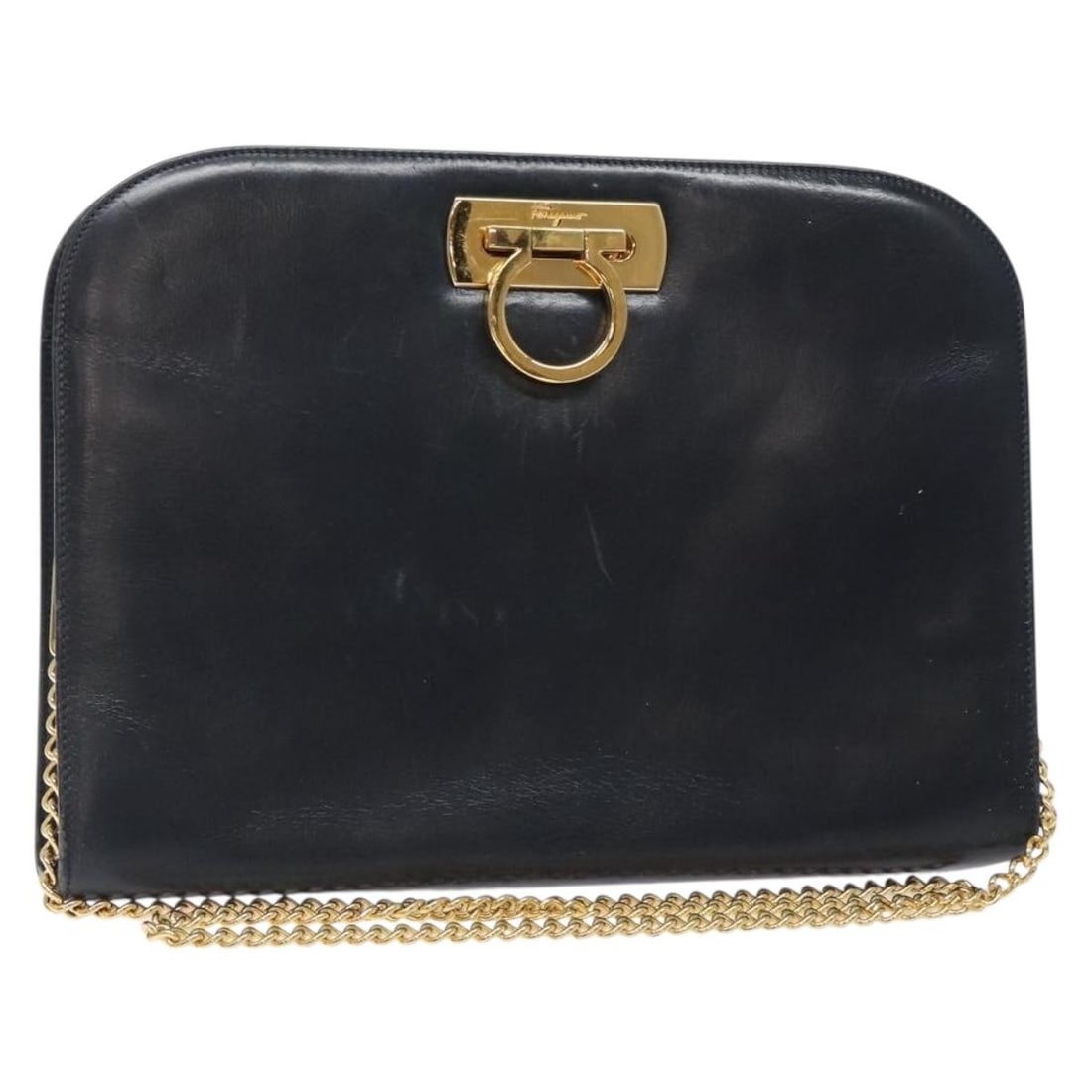 Salvatore Ferragamo Gancini Chain Leather Shoulder Bag Navy Gold Auth Italy (1 of 18)