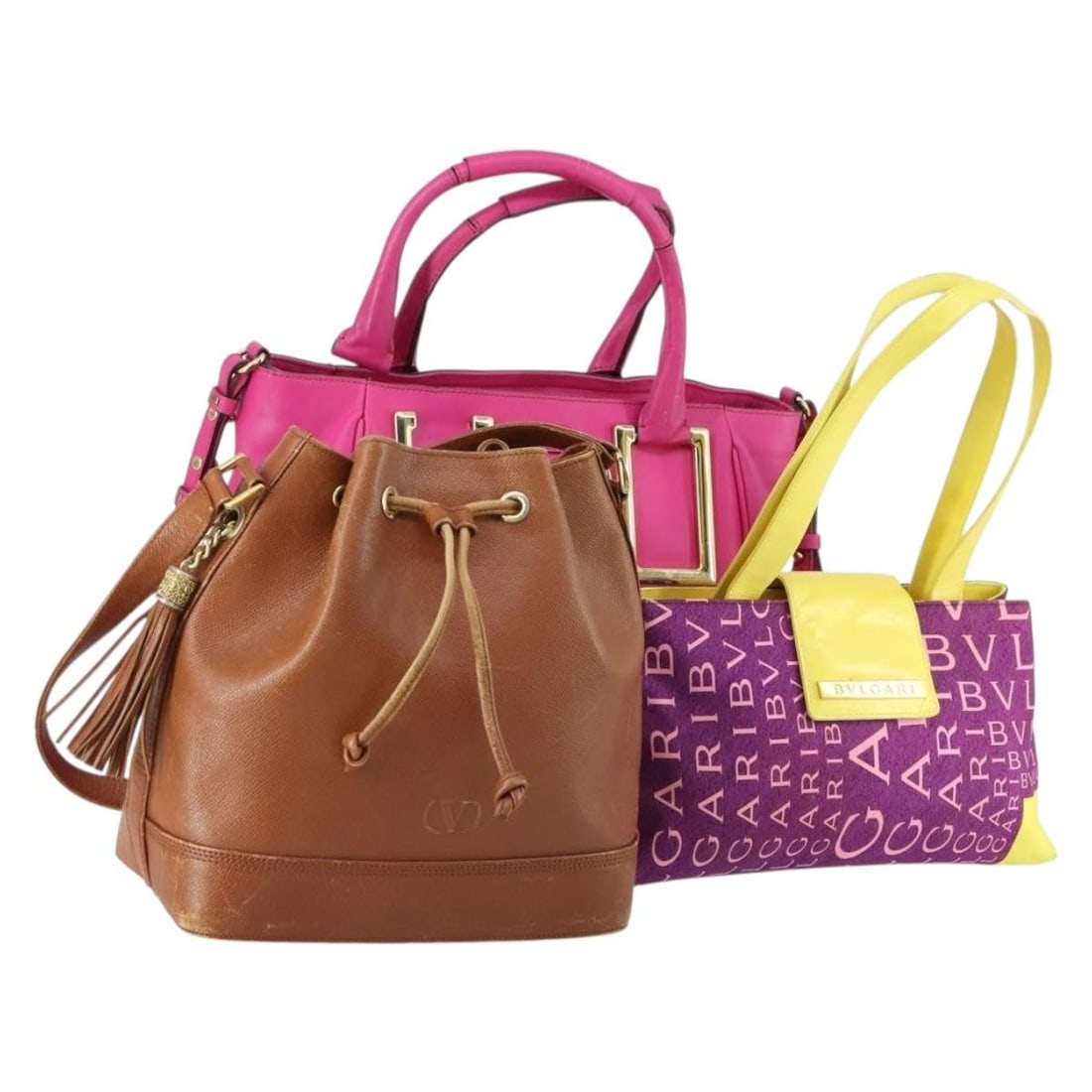 Valentino Pink Brown Purple Leather Shoulder Bag Bundle Set of 3: Valentino Pink Brown Purple Leather Shoulder Bag Bundle Set of 3 This Valentino shoulder bag set includes three pieces crafted from leather in pink, brown, and purple tones. Made in Italy, the bags sh