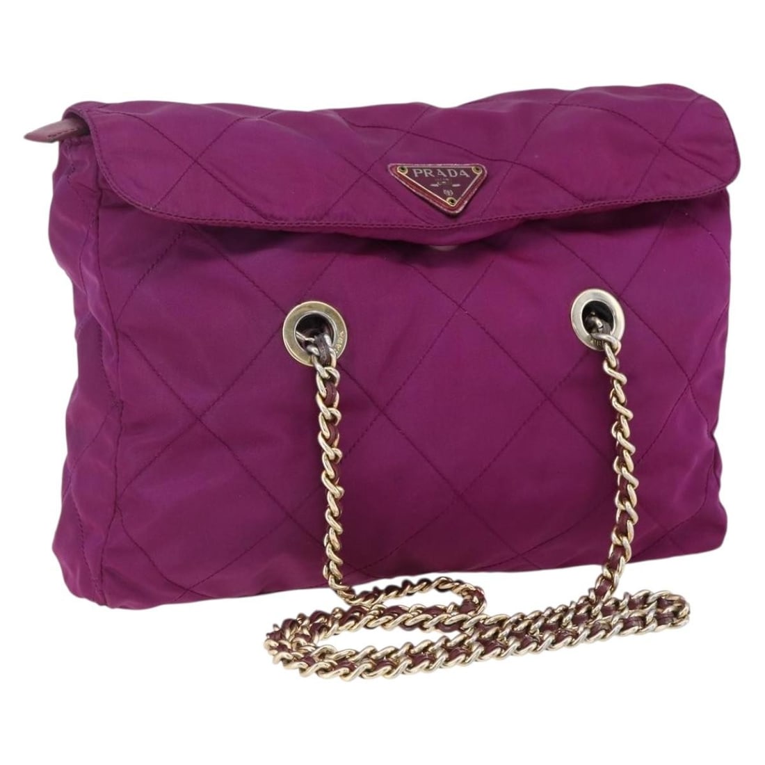 Prada Purple Nylon Shoulder Bag with Chain Strap Gold Accents: Prada Purple Nylon Shoulder Bag with Chain Strap Gold Accents This PRADA shoulder bag features a purple nylon exterior with gold-tone accents and a chain shoulder strap. The bag is made in Italy and i