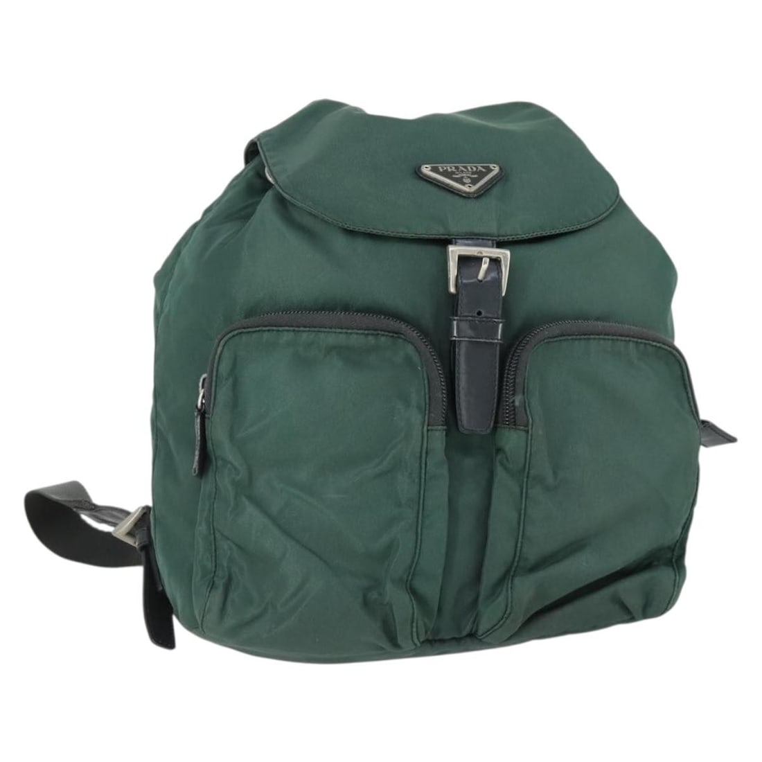 Green Nylon Backpack by Prada with Silver Details and Guarantee Card: Green Nylon Backpack by Prada with Silver Details and Guarantee Card This PRADA backpack features a green and silver nylon exterior, offering a stylish and functional design. Made in Italy, the bag in
