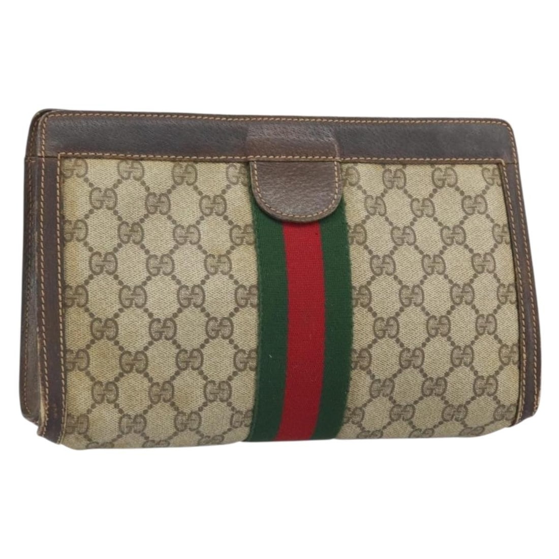Beige PVC GG Supreme Web Sherry Clutch by Gucci Model 41 001 2125 28: Beige PVC GG Supreme Web Sherry Clutch by Gucci Model 41 001 2125 28 This is a GUCCI GG Supreme Web Sherry Line clutch bag crafted from beige PVC leather and GG canvas. Made in Italy, this clutch feat