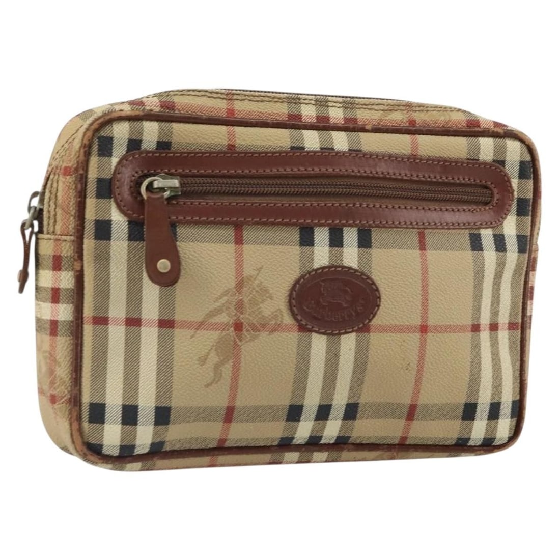 Beige PVC Nova Check Clutch by Burberrys Made in Italy: Beige PVC Nova Check Clutch by Burberrys Made in Italy This Burberrys clutch bag features the signature Nova Check pattern in beige and is crafted from durable PVC leather. The bag is designed with a