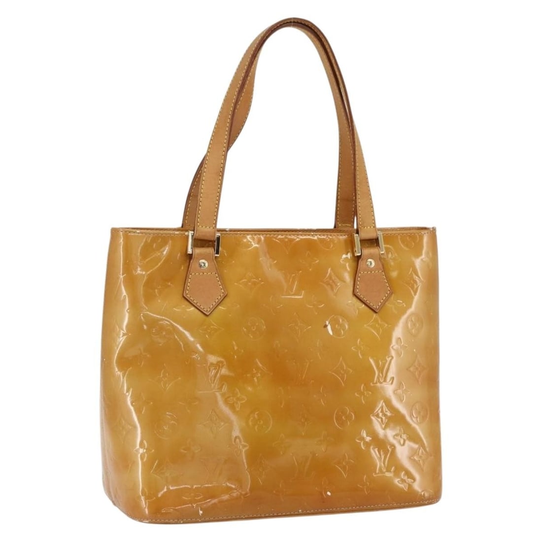 Beige Monogram Vernis Houston Patent Leather Handbag by Louis Vuitton M91004: Beige Monogram Vernis Houston Patent Leather Handbag by Louis Vuitton M91004 This Louis Vuitton Monogram Vernis Houston handbag in beige features a patent leather exterior with the iconic monogram des