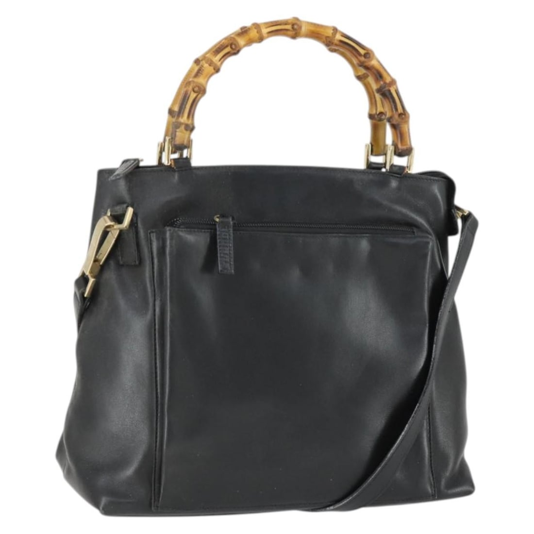Gucci Black Leather Bamboo 2way Handbag with Gold Hardware and Shoulder Strap: Gucci Black Leather Bamboo 2way Handbag with Gold Hardware and Shoulder Strap This GUCCI Bamboo handbag is crafted from black leather with gold accents and features both top handles and a detachable s