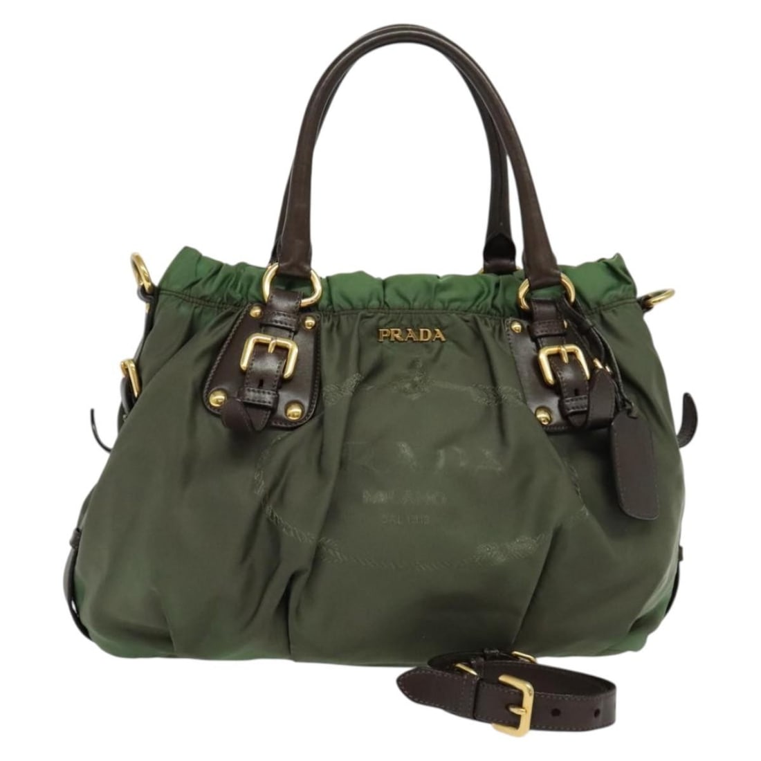 PRADA Green Gold Nylon Hand Bag Authentic 133162 Italy: PRADA Green Gold Nylon Hand Bag Authentic 133162 Italy Discover the elegance of this PRADA Hand Bag, expertly crafted in Italy from high-quality nylon. This stylish bag features a chic green and gold