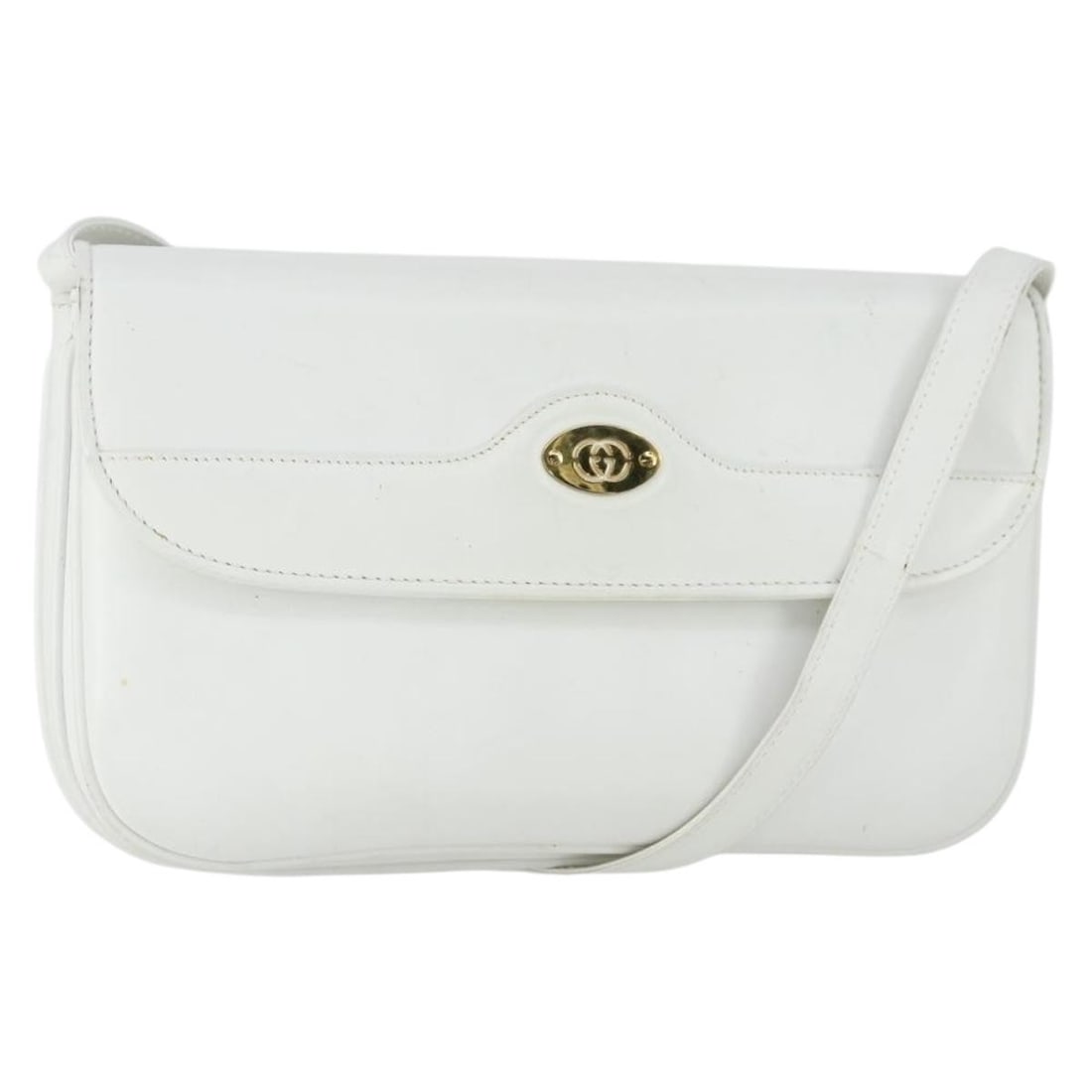 White Leather GUCCI Shoulder Bag with Gold Accents Made in Italy: White Leather GUCCI Shoulder Bag with Gold Accents Made in Italy This GUCCI shoulder bag features a white and gold leather exterior, offering a stylish and classic look. Made in Italy, the bag is desi