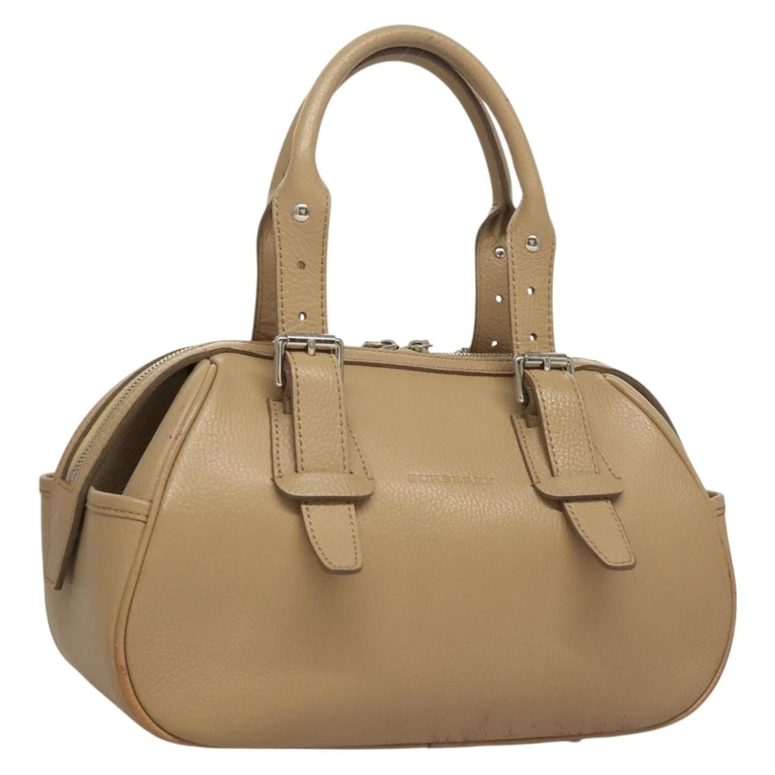 BURBERRY Beige Silver Leather Hand Bag Auth EP9861: BURBERRY Beige Silver Leather Hand Bag Auth EP9861 This Burberry hand bag showcases a sophisticated beige and silver color scheme, elegantly crafted from high-quality leather. The bag features a spaci