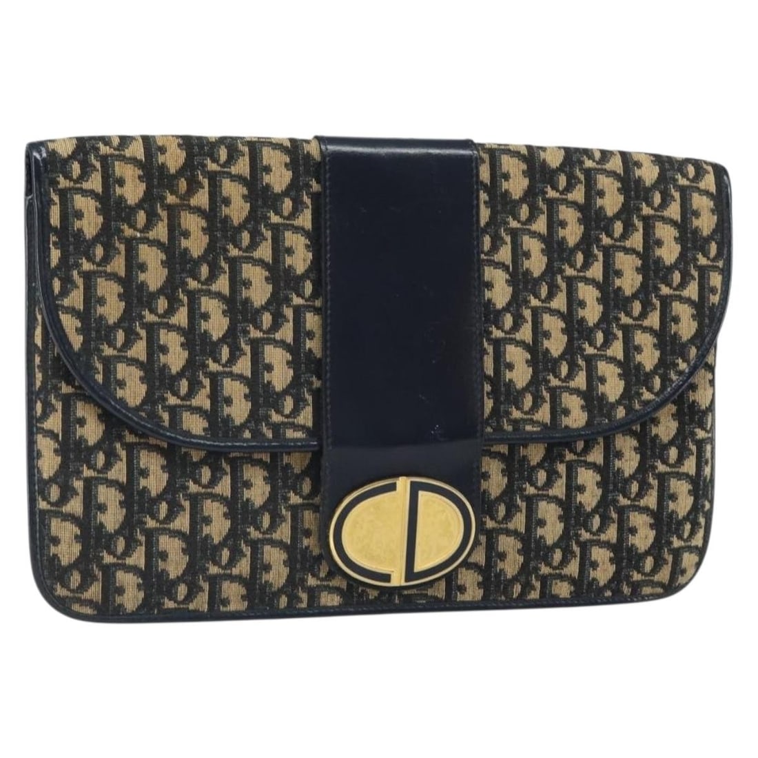 Navy Gold Trotter Canvas Clutch by Christian Dior France: Navy Gold Trotter Canvas Clutch by Christian Dior France This Christian Dior clutch bag features navy and gold Trotter canvas with elegant, slim dimensions suitable for evening or formal occasions. Th
