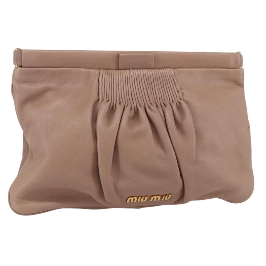 Miu Miu Leather Clutch Bag Pink Gold Auth BA8406: Miu Miu Leather Clutch Bag Pink Gold Auth BA8406 This Miu Miu clutch bag is a stylish accessory crafted from high-quality leather in a chic pink and gold color combination. Measuring approximately 11.