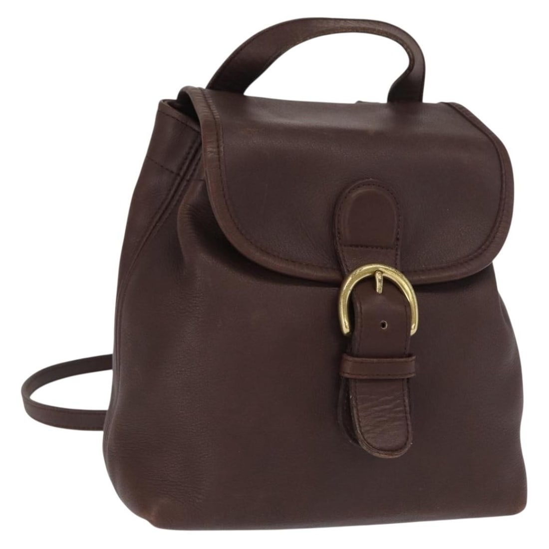 Coach Brown Leather Backpack Gold Tone Accents USA: Coach Brown Leather Backpack Gold Tone Accents USA This Coach backpack features a brown leather exterior with gold-tone accents. The compact design includes a main compartment and adjustable shoulder