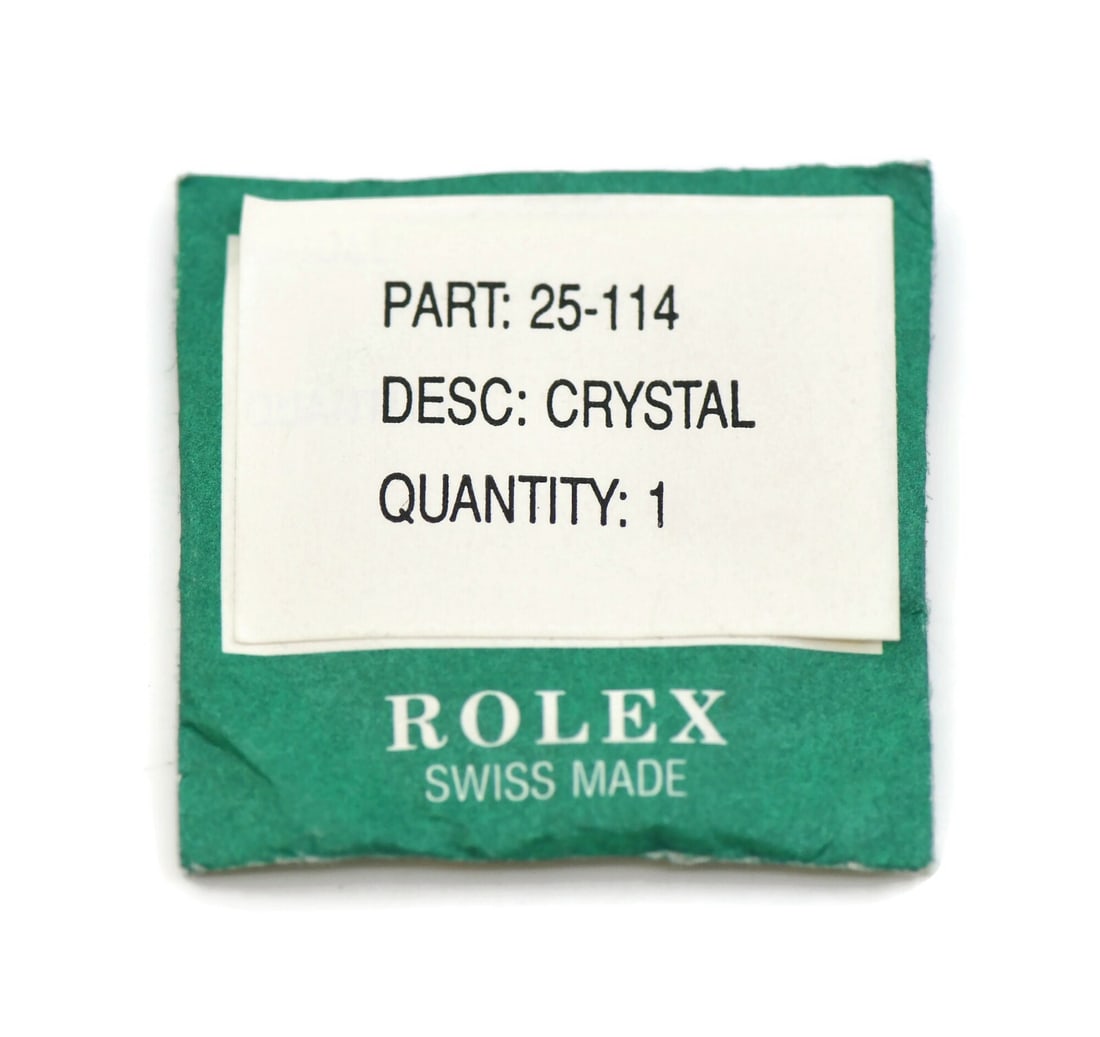 Genuine Replacement Crystal for Rolex 25-114 Swiss: Genuine Replacement Crystal for Rolex 25-114 Swiss This is a genuine pre-owned Rolex Crystal 25-114, designed for use with Rolex watches. Manufactured in Switzerland, this crystal maintains the high s
