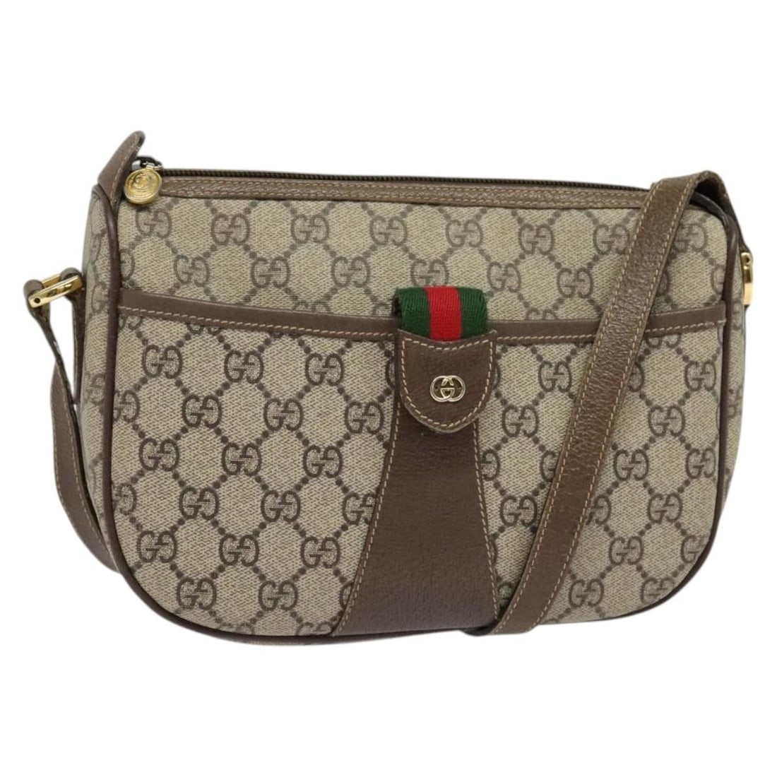 Gucci GG Supreme Beige PVC Web Shoulder Bag 001 58 6177 Italy: Gucci GG Supreme Beige PVC Web Shoulder Bag 001 58 6177 Italy This is a Gucci GG Supreme Web Sherry Line shoulder bag crafted from beige and gold PVC leather with GG canvas accents. The bag features a