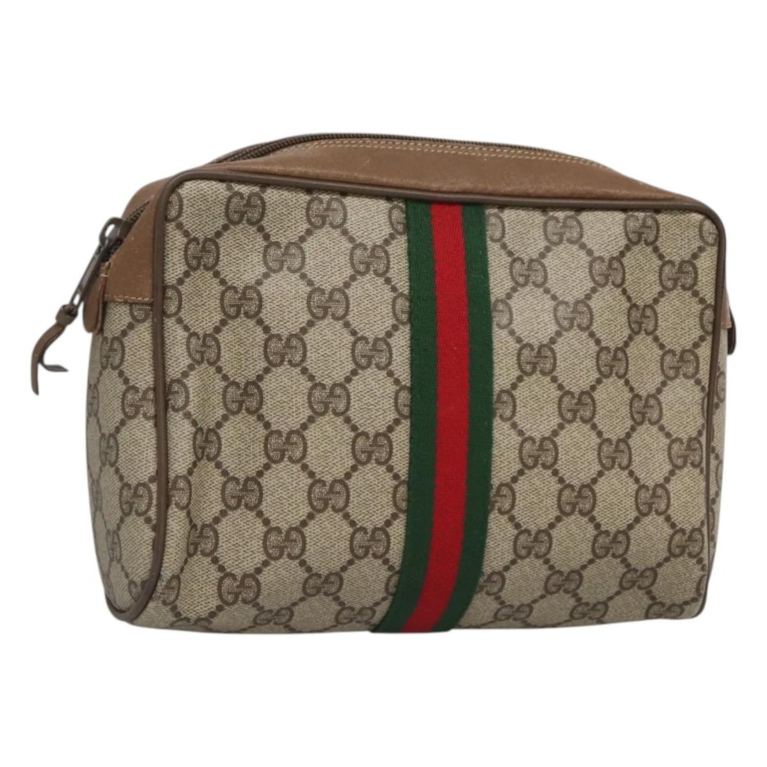 GUCCI GG Supreme Beige PVC Sherry Line Clutch Bag Auth BA2439: GUCCI GG Supreme Beige PVC Sherry Line Clutch Bag Auth BA2439 This authentic GUCCI GG Supreme Web Sherry Line Clutch Bag is a stylish accessory crafted in Italy. Made from durable PVC leather in a cla