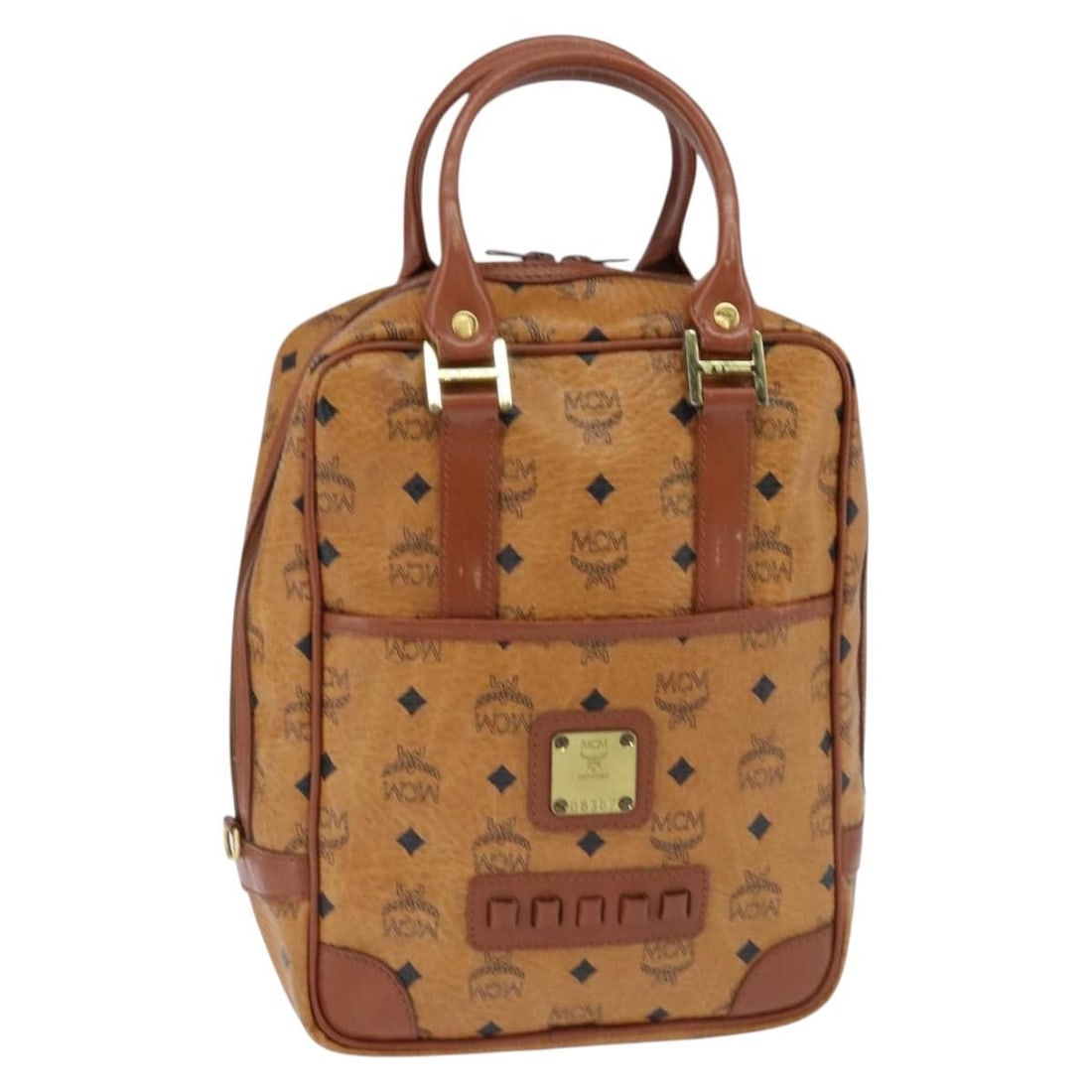 MCM Brown Gold Logogram Vicetos Hand Bag PVC Leather Auth BA7375: MCM Brown Gold Logogram Vicetos Hand Bag PVC Leather Auth BA7375 This MCM Logogram Vicetos Hand Bag is a stylish accessory crafted from durable PVC leather in a sophisticated brown and gold color sche