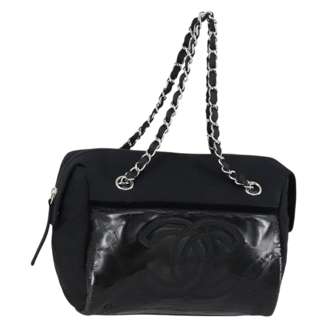 CHANEL Coco Mark Black Nylon Chain Shoulder Bag with Silver CC: CHANEL Coco Mark Black Nylon Chain Shoulder Bag with Silver CC This CHANEL Coco Mark chain handbag is crafted from black nylon with patent leather accents and features silver-tone CC hardware. The bag