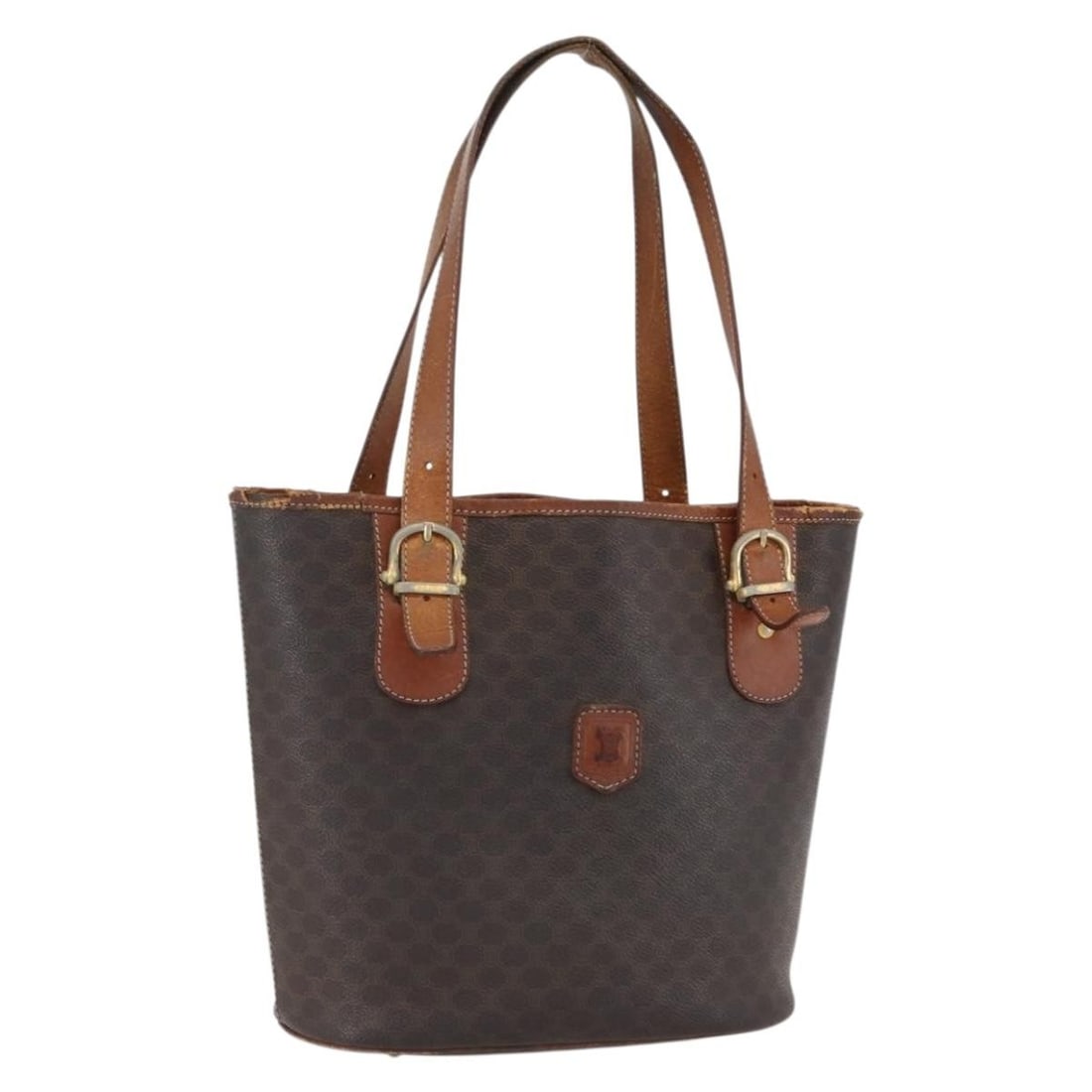Brown and Gold Celine Macadam Canvas PVC Leather Tote Bag: Brown and Gold Celine Macadam Canvas PVC Leather Tote Bag This CELINE Macadam Canvas Tote Bag features a brown and gold color scheme crafted from PVC leather and Macadam canvas. It is a tote-style bag