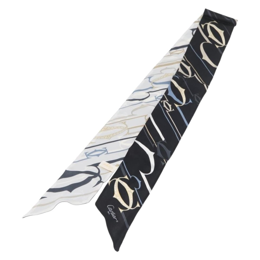 Silk black and white scarf by Cartier with guarantee card: Silk black and white scarf by Cartier with guarantee card This Cartier scarf features a black and white design and is crafted from silk. The scarf is in un-used condition with no remarkable scratches