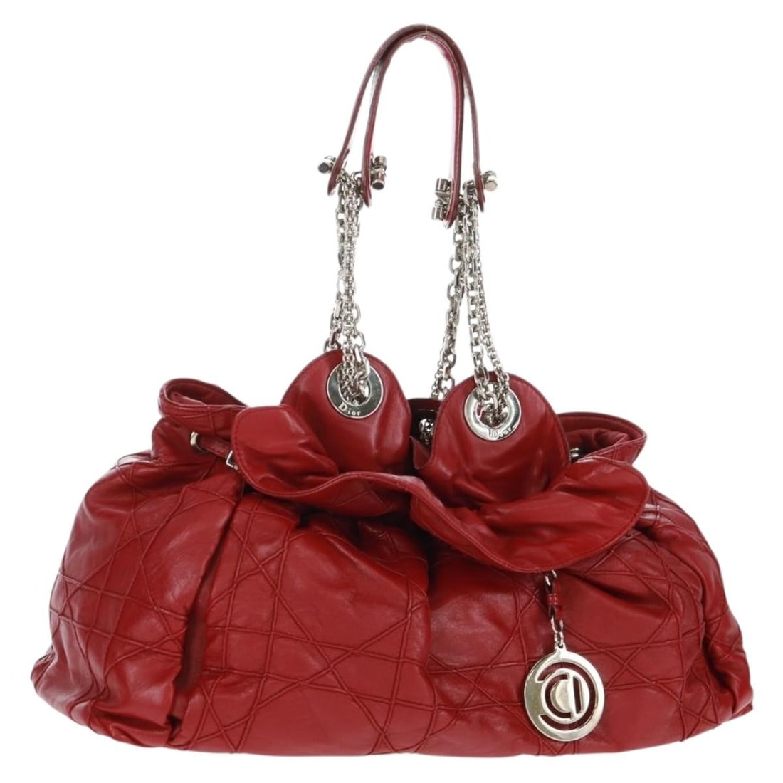Red Leather Christian Dior Cannage Chain Shoulder Purse Silver Tone Accents: Red Leather Christian Dior Cannage Chain Shoulder Purse Silver Tone Accents This Christian Dior Canage chain shoulder bag features red leather with silver-tone accents. The bag is crafted in Italy and