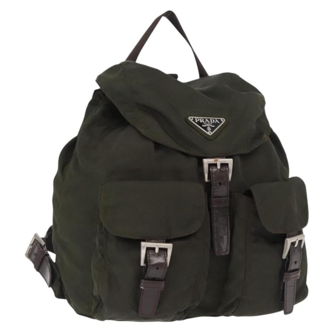 Khaki and Silver Nylon Backpack by Prada Italy: Khaki and Silver Nylon Backpack by Prada Italy This PRADA backpack is crafted from khaki nylon with silver-tone accents. Made in Italy, it features a compact design with practical dimensions. The item