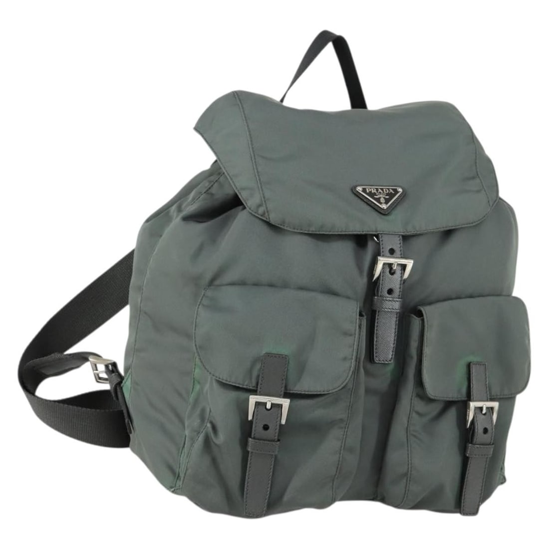 Green Nylon Backpack by PRADA with Silver Accents and Guarantee Card: Green Nylon Backpack by PRADA with Silver Accents and Guarantee Card This Prada backpack is crafted from green nylon with silver-tone accents. Made in Italy, it features a spacious main compartment an