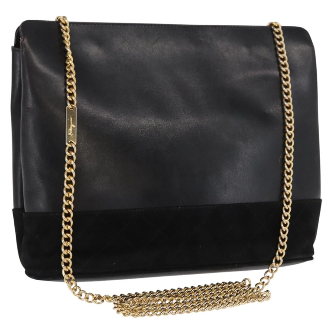 Black Leather Salvatore Ferragamo Shoulder Bag with Gold Chain Strap: Black Leather Salvatore Ferragamo Shoulder Bag with Gold Chain Strap This Salvatore Ferragamo chain shoulder bag is crafted from black leather with gold-tone accents. The bag features a structured sil
