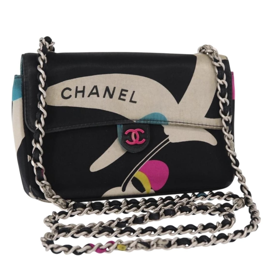 Black Satin Chanel Shoulder Bag with Silver Chain CC Accent: Black Satin Chanel Shoulder Bag with Silver Chain CC Accent This is a CHANEL chain shoulder bag crafted from black satin with silver-tone accents. The bag features the iconic CC logo, a compact silhou