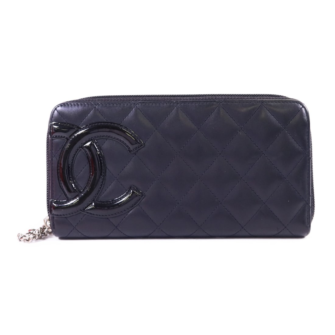 Cambon Long Black Calfskin Wallet by Chanel with Silver Tone CC: Cambon Long Black Calfskin Wallet by Chanel with Silver Tone CC This CHANEL Cambon long wallet is crafted from black calfskin leather and features a zip-around closure. Made in France, it is designed