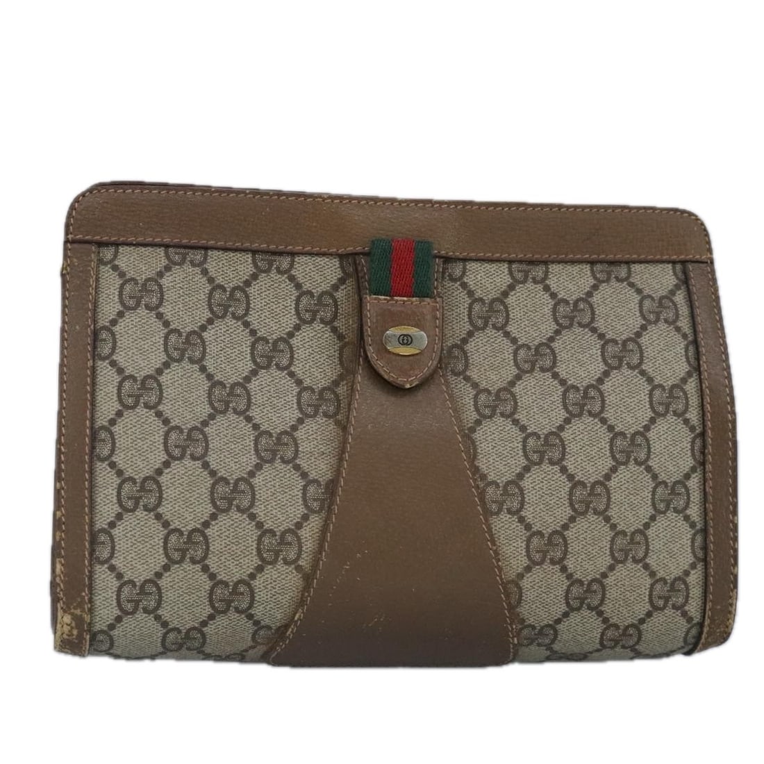 GUCCI GG Supreme Web Sherry Clutch Bag PVC Beige Red Italy: GUCCI GG Supreme Web Sherry Clutch Bag PVC Beige Red Italy Elevate your style with this authentic GUCCI GG Supreme Web Sherry Line Clutch Bag. Crafted in Italy from durable PVC leather, this chic clut