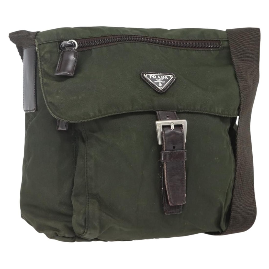 Prada Khaki Nylon Shoulder Bag with Silver Accents from Italy: Prada Khaki Nylon Shoulder Bag with Silver Accents from Italy This PRADA shoulder bag features a khaki and silver color scheme and is crafted from durable nylon. The bag includes an adjustable shoulde