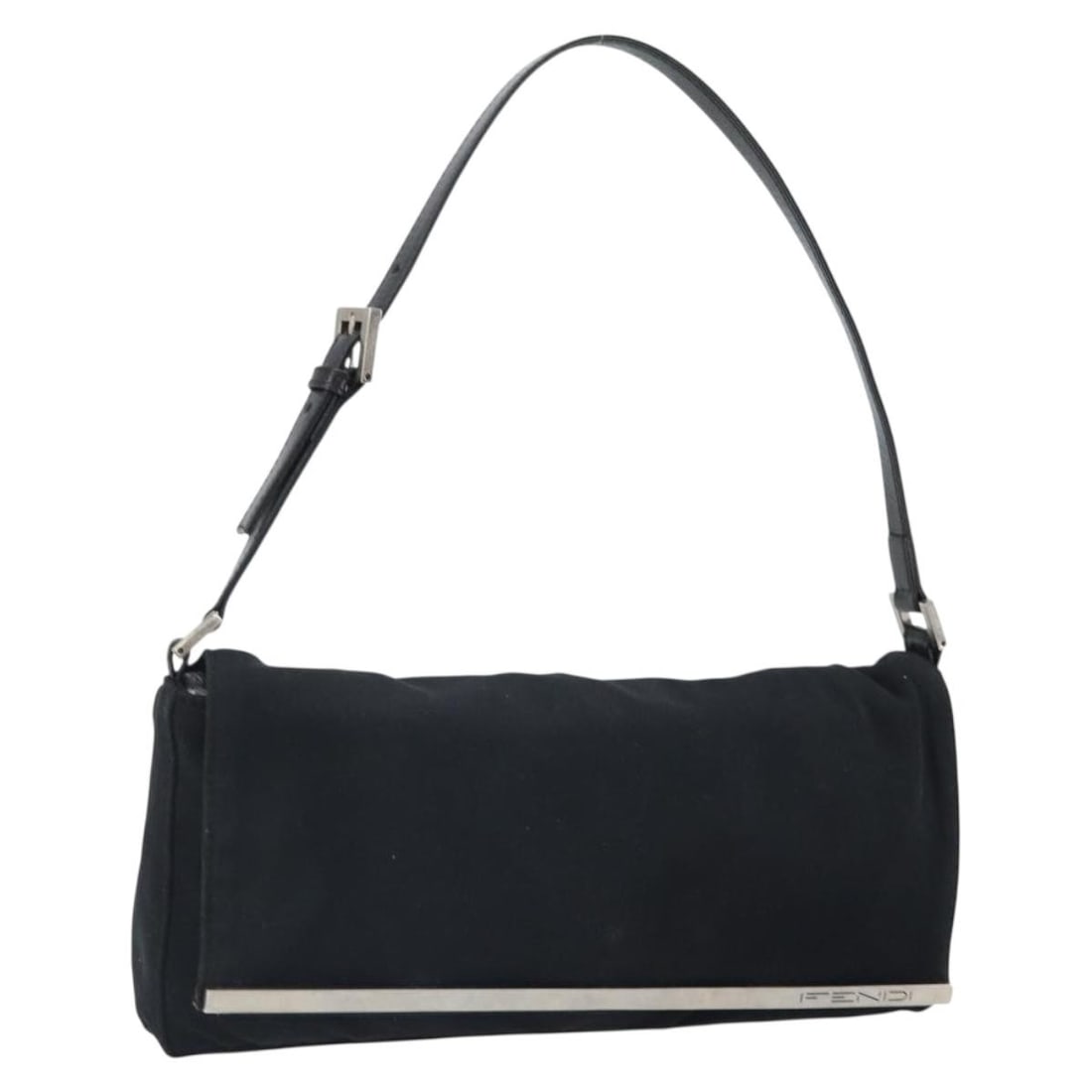 Fendi Black Cotton Shoulder Purse with Silver Accents: Fendi Black Cotton Shoulder Purse with Silver Accents This FENDI shoulder bag features a black and silver cotton exterior and is designed for everyday use. Made in Italy, the bag shows noticeable sign