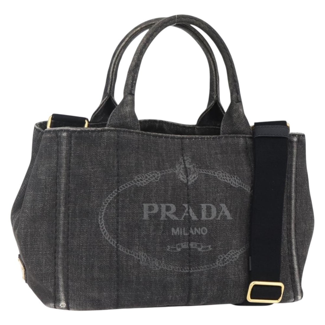 PRADA Canapa PM Denim Hand Bag Black Gold Authentic 151881: PRADA Canapa PM Denim Hand Bag Black Gold Authentic 151881 This PRADA Canapa PM Hand Bag is a stylish accessory that combines functionality with luxury. Made in Italy, this hand bag features a durable