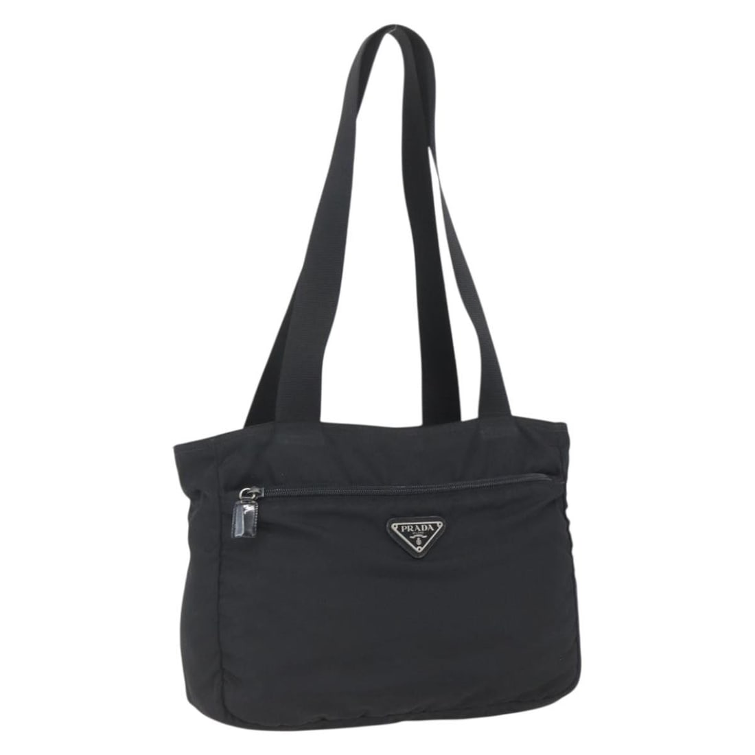 Black Nylon Tote with Silver Accents by PRADA Italy: Black Nylon Tote with Silver Accents by PRADA Italy This PRADA tote bag is crafted from black nylon with silver-tone accents. Designed for everyday use, it features dual handles with a comfortable dro