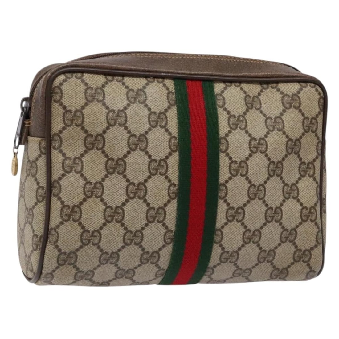GUCCI GG Supreme Sherry Line Beige Gold Clutch Bag PVC 010 378 Auth: GUCCI GG Supreme Sherry Line Beige Gold Clutch Bag PVC 010 378 Auth This authentic GUCCI GG Supreme Web Sherry Line Clutch Bag is a stylish and functional accessory made from durable PVC Leather. The