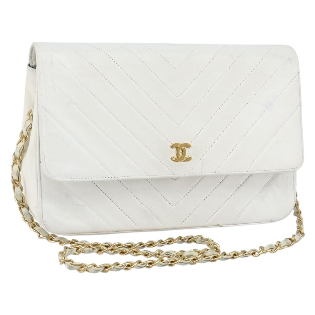 CHANEL White Gold Lambskin Chain Shoulder Bag Auth bs29641 (1 of 18)