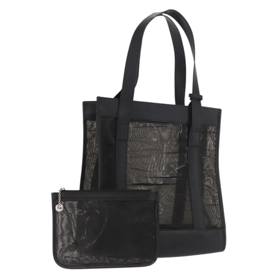Black Leather Gucci Handbag with Pouch Made in Italy 002 1705 0405: Black Leather Gucci Handbag with Pouch Made in Italy 002 1705 0405 This Gucci handbag features black leather construction with a mesh design and includes an accessory pouch. The bag shows signs of hea
