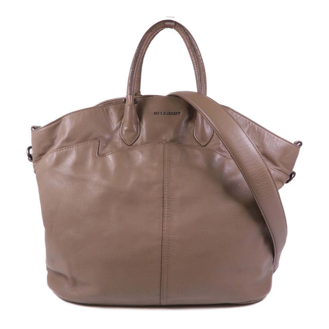GIVENCHY Taupe Gray Calfskin 2 Way Shoulder Bag: GIVENCHY Taupe Gray Calfskin 2 Way Shoulder Bag This GIVENCHY 2 Way Shoulder Bag showcases a sophisticated design crafted from premium calfskin leather. The exterior is a stylish taupe gray, offering