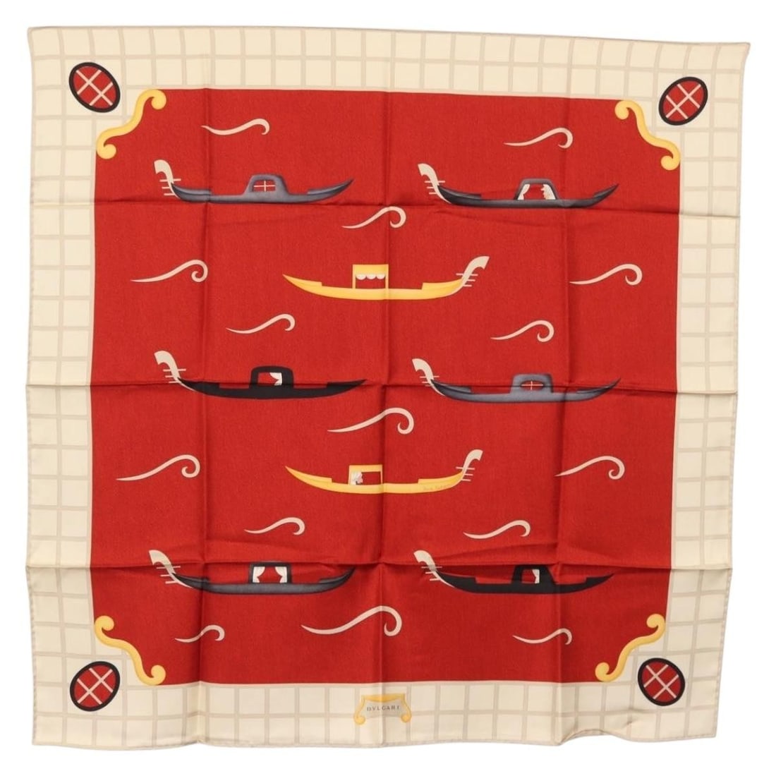 Silk Red Scarf by BVLGARI Featuring Boat Motif and Davide Pizzigoni Design: Silk Red Scarf by BVLGARI Featuring Boat Motif and Davide Pizzigoni Design This BVLGARI scarf features a distinctive boat pattern designed by Davide Pizzigoni. Made from fine silk in a vibrant red hue