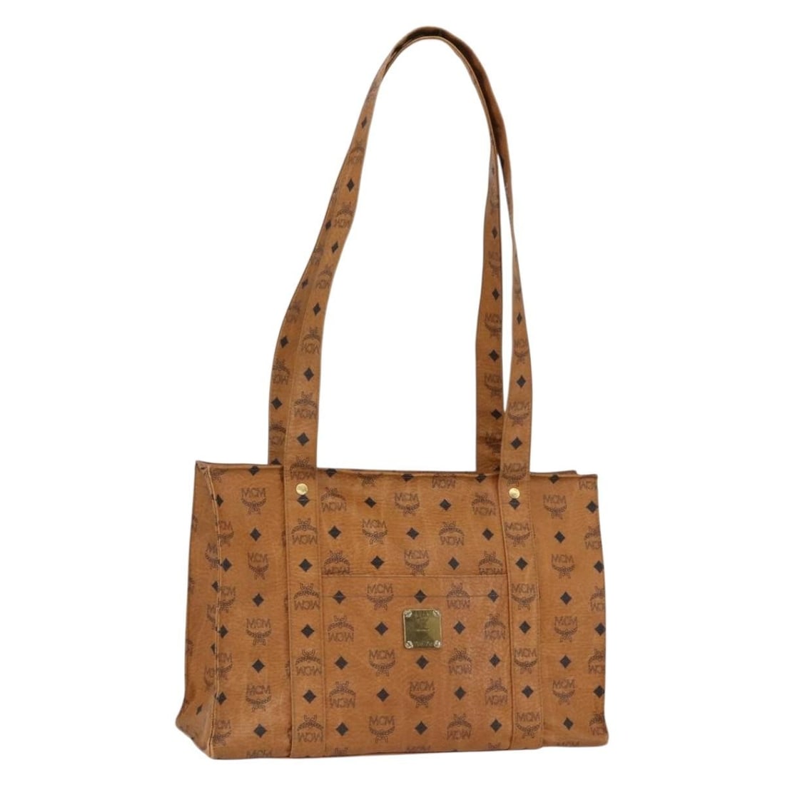 MCM Vicetos Brown PVC Tote Bag Gold Details Germany: MCM Vicetos Brown PVC Tote Bag Gold Details Germany This MCM Vicetos tote bag features the brand's signature logogram design in brown and gold PVC leather. The bag offers a spacious interior and sturd