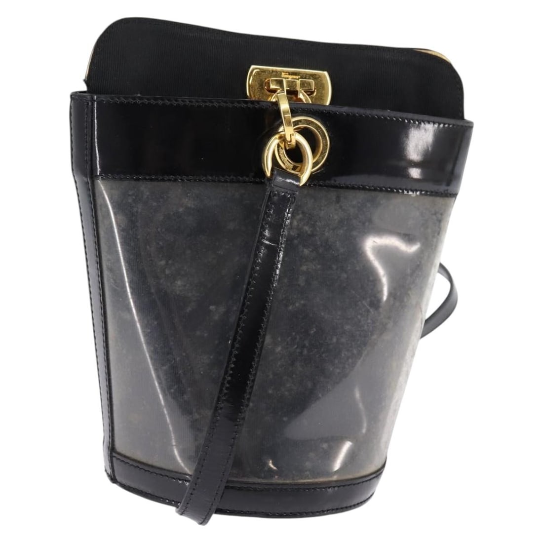 Salvatore Ferragamo Gancini Black Gold Vinyl Shoulder Bag Auth 145025: Salvatore Ferragamo Gancini Black Gold Vinyl Shoulder Bag Auth 145025 Elevate your style with this Salvatore Ferragamo Gancini Shoulder Bag, crafted in Italy from durable vinyl. The striking black and