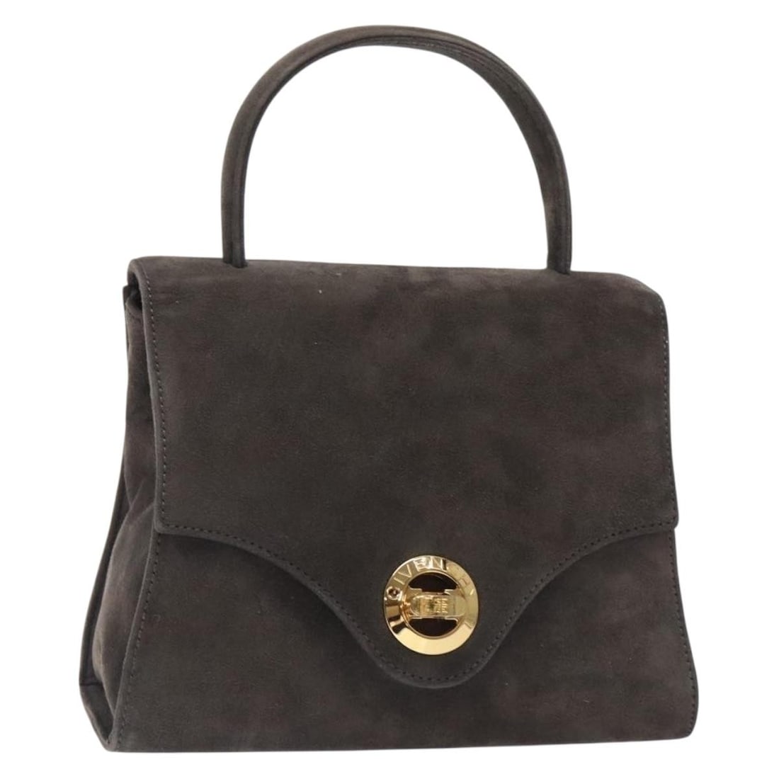 GIVENCHY Gray Gold Suede Hand Bag with 3.5in Handle Drop: GIVENCHY Gray Gold Suede Hand Bag with 3.5in Handle Drop This GIVENCHY hand bag showcases a stylish design in a sophisticated gray and gold color scheme, crafted from high-quality suede. The bag measu